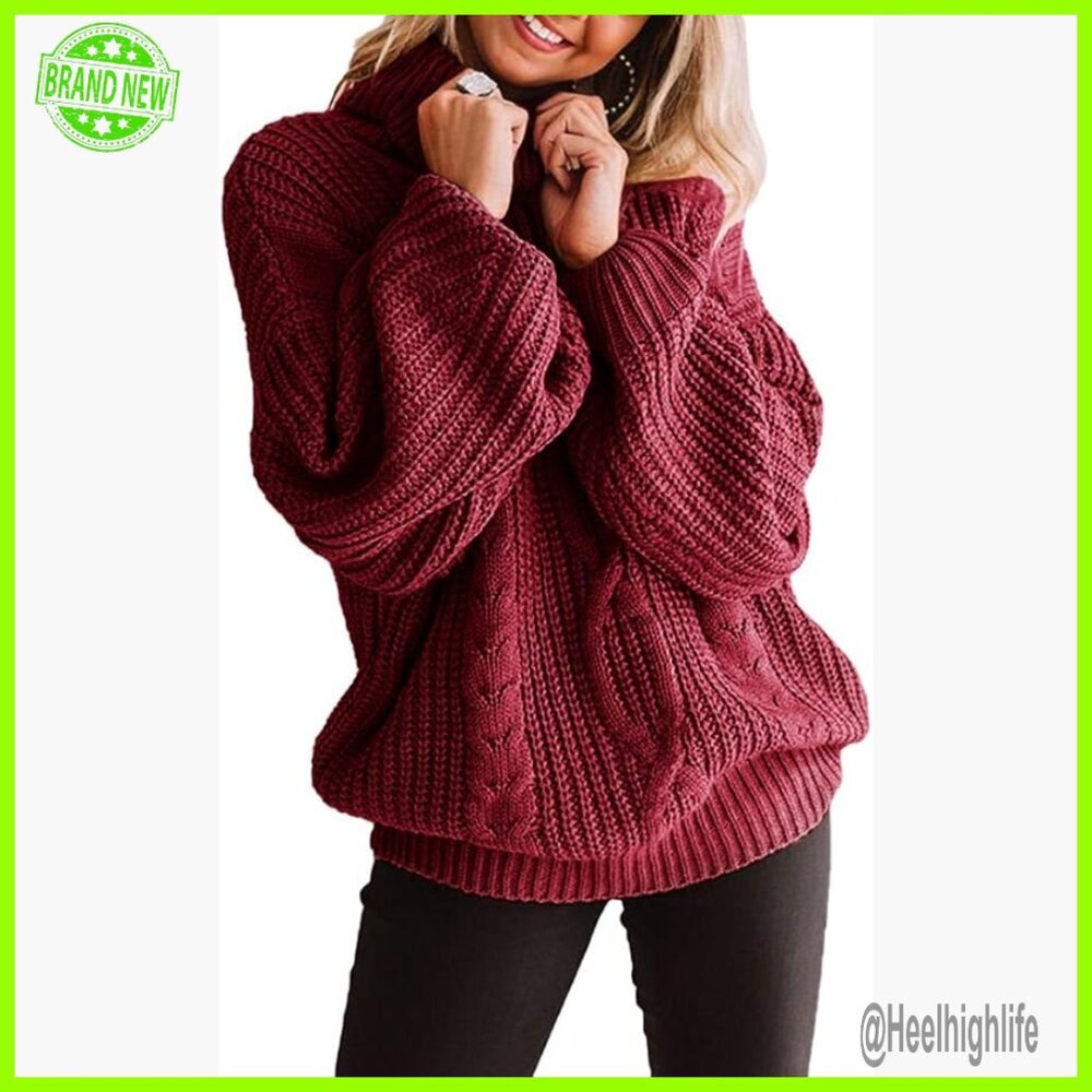 Plus Size Chunky Cable Knit Turtleneck Sweater Oversized Pullover Casual